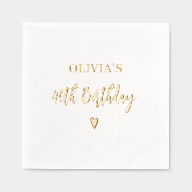 40th Birthday Elegant Modern Heart Gold Foil Napkins (Front)