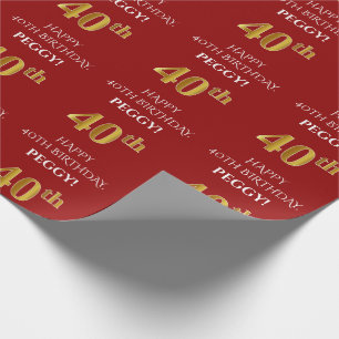 40th Birthday: Elegant, Red, Faux Gold Look Wrapping Paper