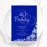 40th Birthday Elegant Royal Blue Silver Roses Invitation<br><div class="desc">Simple elegant 40th birthday party invitation in royal blue and silver. Classy design featuring roses, faux silver foil and typography script font. Trendy invite card perfect for a stylish female bday celebration. Personalize with your own details. Can be customized to any age. Printed Zazzle invitations or instant download digital printable...</div>