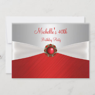 40th Birthday Elegant Silver White Red Jewel Invitation