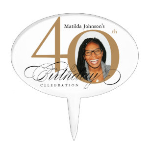 40th Birthday Elegant White Gold Calligraphy Photo Cake Topper