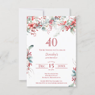 40th Birthday Elegant Winter Berry Botanical Invitation