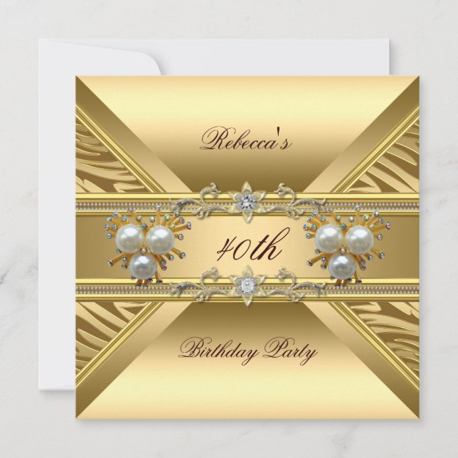 40th Birthday Elegant Zebra Gold Pearl Jewels Invitation (Front)