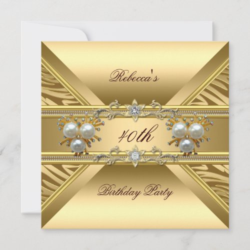 40th Birthday Elegant Zebra Gold Pearl Jewels Custom Invitations
