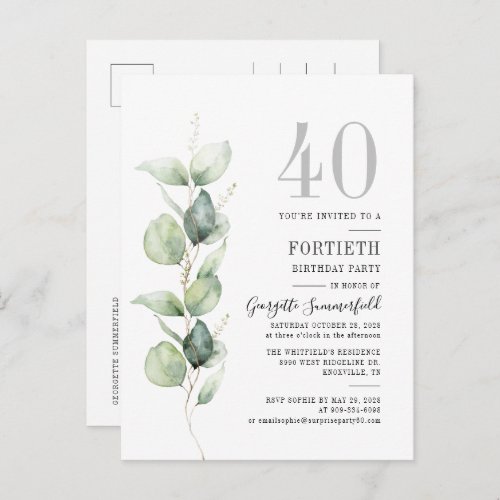 40th Birthday Eucalyptus Botanical Party Invitation Postcard