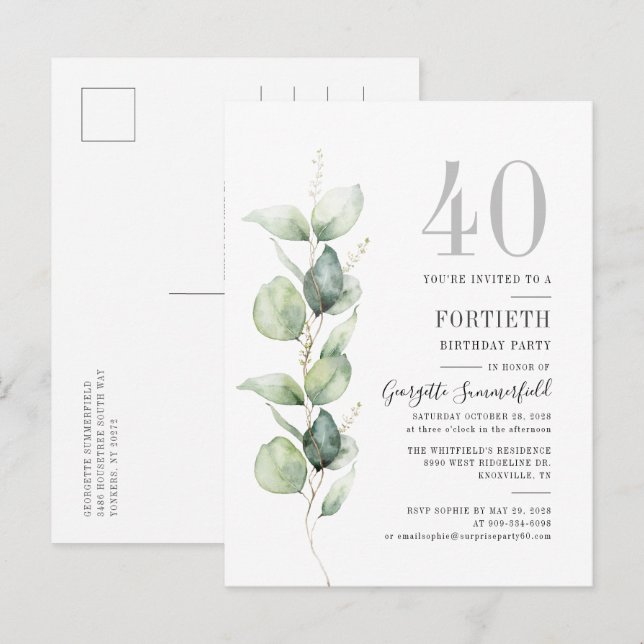 40th Birthday Eucalyptus Botanical Party Invitation Postcard (Front/Back)
