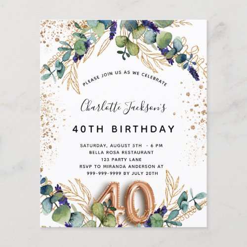 40th birthday eucalyptus budget invitation flyer