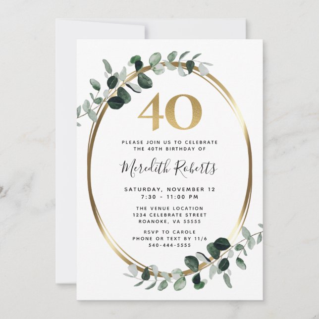 40th Birthday Eucalyptus Gold Metallic Party Invitation (Front)