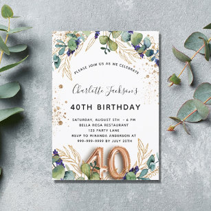 40th birthday eucalyptus greenery glitter elegant invitation