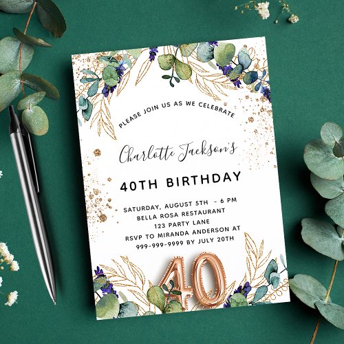 40th birthday eucalyptus greenery glitter elegant invitation postcard