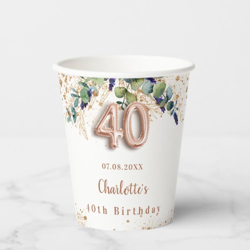 40th birthday eucalyptus greenery glitter name paper cups