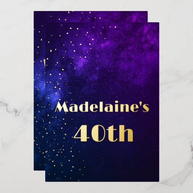 40th Birthday Evening Sky Astral Gold Stars Purple Foil Invitation (Front/Back)