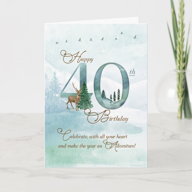 40th Birthday Evergreen Pines and Deer Nature Card (Front)