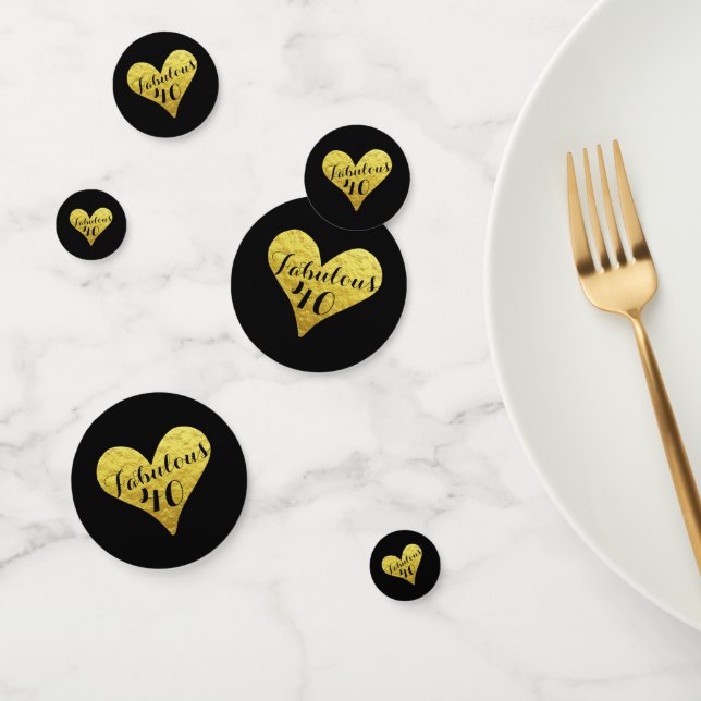 40th Birthday Fabulous 40 Black | Faux Gold Heart Confetti (Group)