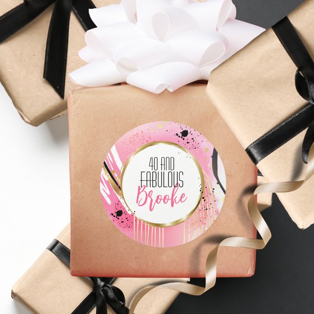40th Birthday Fabulous Abstract Pink Black Retro Classic Round Sticker (Creator Uploaded)