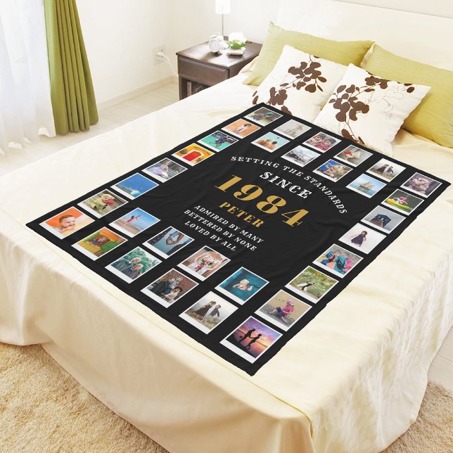 40th Birthday Family Photo Collage 32 Photographs Fleece Blanket (Relive the shared adventures and memorable moments for your 40th year with a custom fleece blanket.)
