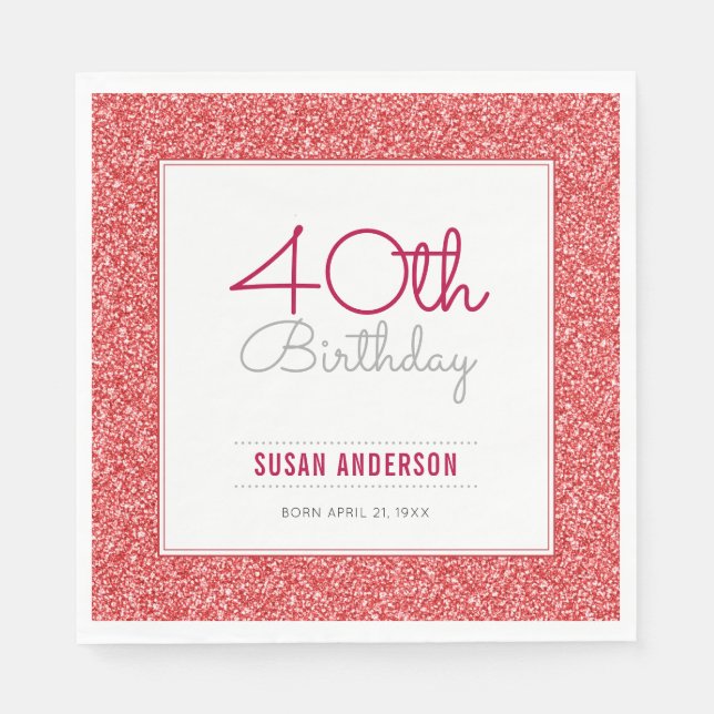 40th Birthday Faux Red Glitter Napkins (Front)