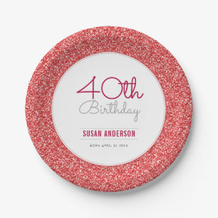 40th Birthday Faux Red Glitter Paper Plates