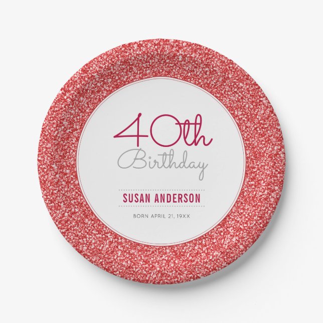 40th Birthday Faux Red Glitter Paper Plates (Front)