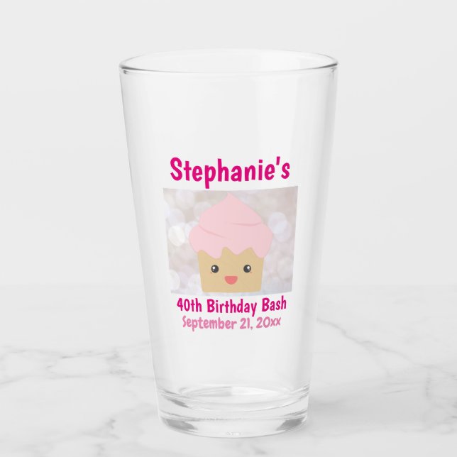 40th Birthday Favor Cute Pink Cupcake Beer Pint Glass (Front)