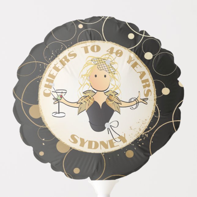 40th Birthday Female Cartoon Black Gold Sparkle Balloon (Front)