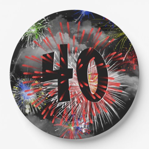 40th Birthday Fireworks In Clouds Paper Plate