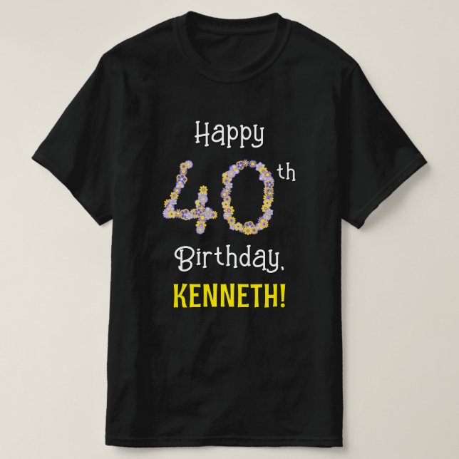 40th Birthday: Floral Flowers Number “40” + Name T-Shirt (Design Front)