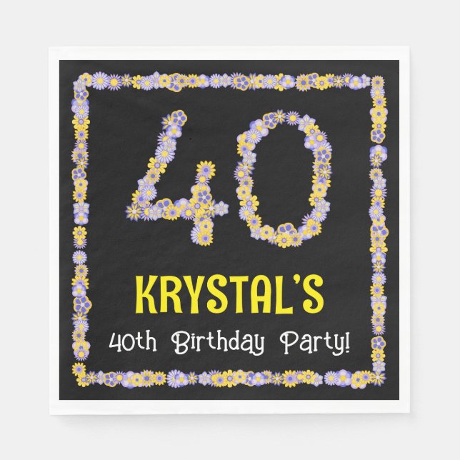 40th Birthday: Floral Flowers Number, Custom Name Napkins (Front)