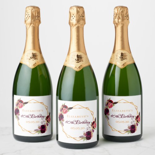 40th birthday floral gold white geometric burgundy sparkling wine label