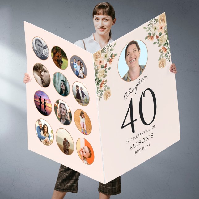 40th Birthday Floral Photo Blush Pink Huge Card (Custom huge 40th birthday card with photo template held by a woman standing in front of a grey wall)