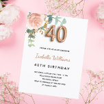40th birthday floral rose gold eucalyptus greenery invitation postcard<br><div class="desc">An elegant invitation for a 40th birthday party. A chic white background. Decorated with a rose gold and blush pink watercolored rose flower, floral, green eucalyptus leaves, sprigs, greenery and faux gold sprigs. Personalize and the name and party details. Black and golden letters. The name is written with a modern...</div>