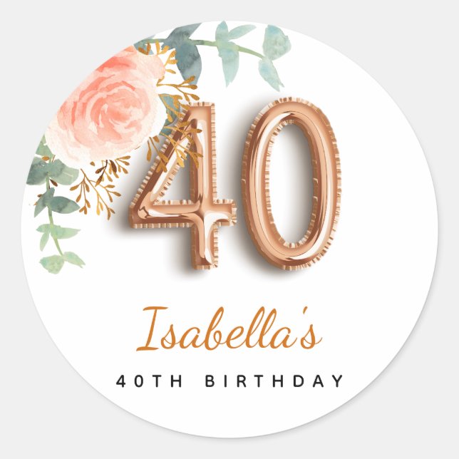 40th birthday floral rose gold eucalyptus monogram classic round sticker (Front)