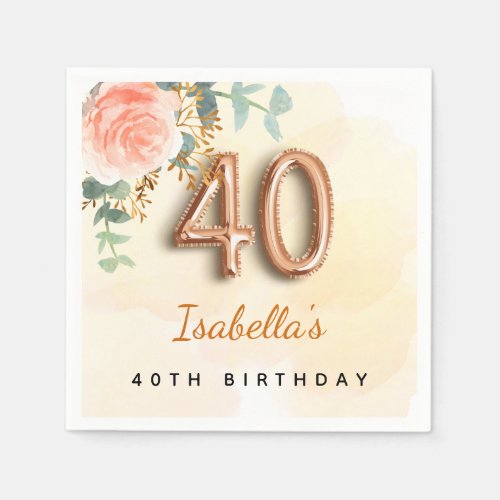 40th birthday floral rose gold eucalyptus monogram napkins