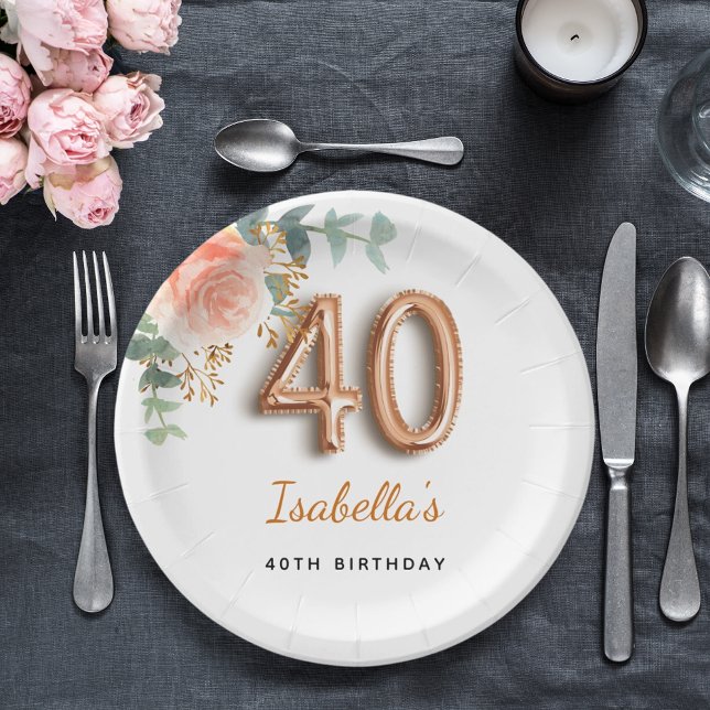 40th birthday floral rose gold eucalyptus monogram paper plates (Creator Uploaded)