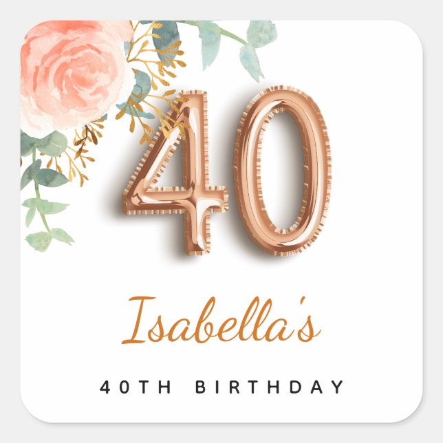 40th birthday floral rose gold eucalyptus monogram square sticker (Front)