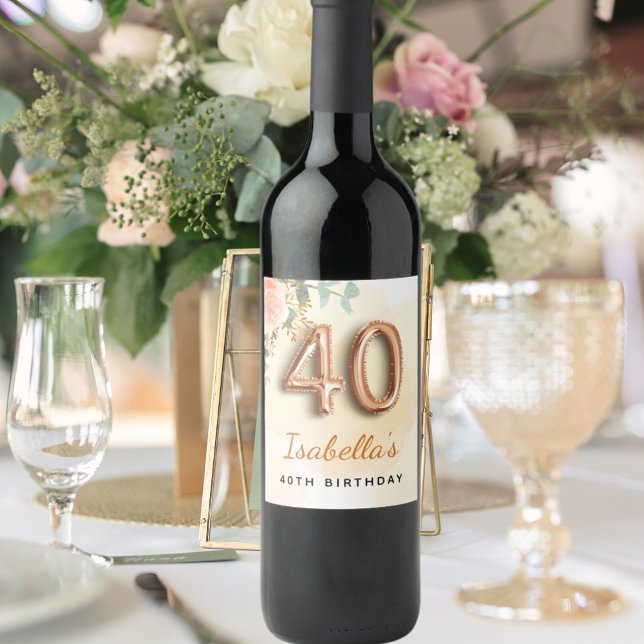 40th birthday floral rose gold eucalyptus monogram wine label (Creator Uploaded)