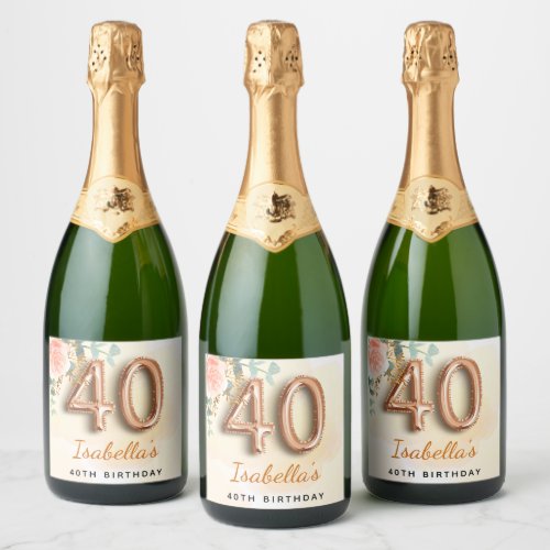 40th birthday floral rose gold eucalyptus name sparkling wine label