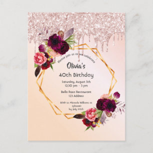 40th birthday florals rose gold glitter invitation postcard