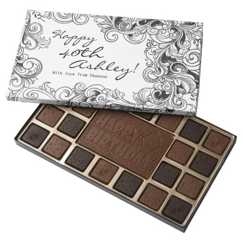 40th Birthday For Her | Carved Floral Black White 45 Piece Box Of Chocolates - Black and white elegant carved or scroll engraved floral 40th birthday chocolate gift box. A great way to express your birthday wishes to a chocolate loving friend. Personalize it with your own birthday message for her.