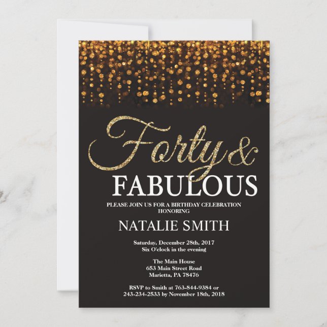 40th Birthday Forty and Fabulous Gold Glitter Invitation (Front)