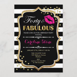 40th Birthday - Forty Fabulous Black Pink Gold Invitation