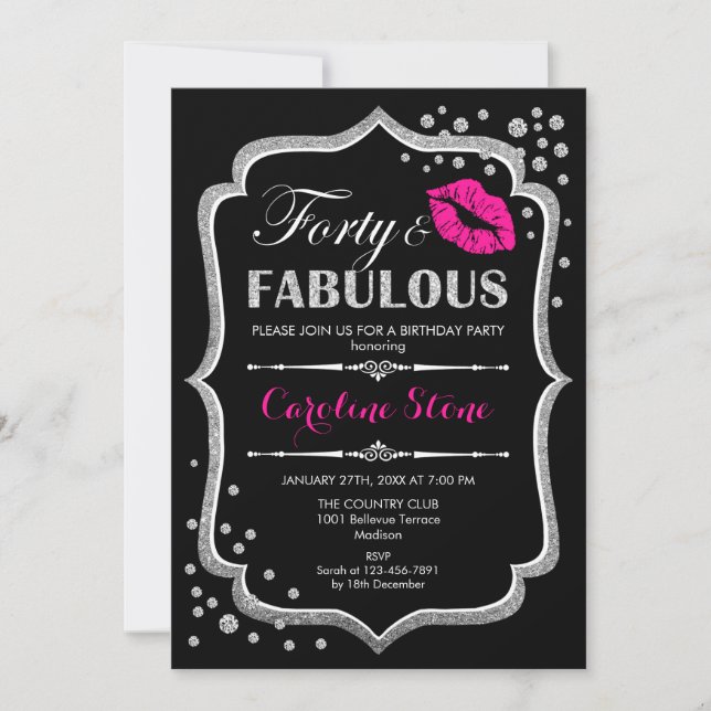 40th Birthday - Forty Fabulous Black Pink Silver Invitation (Front)