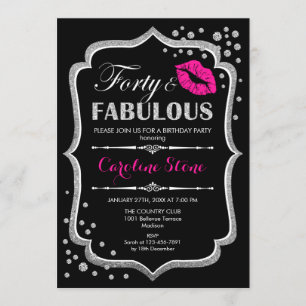 40th Birthday - Forty Fabulous Black Pink Silver Invitation