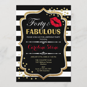 40th Birthday - Forty Fabulous Black Red Gold Invitation