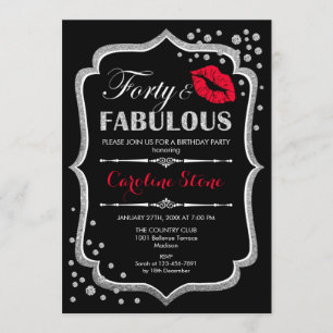 40th Birthday - Forty Fabulous Black Red Silver Invitation