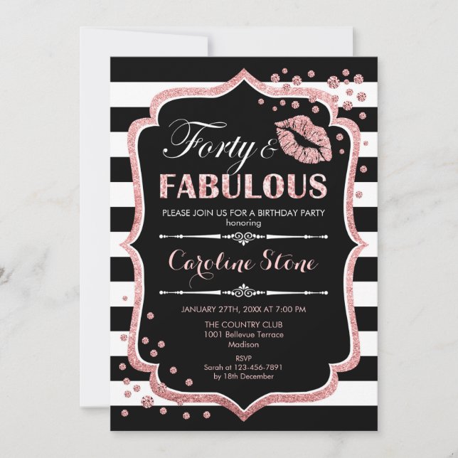 40th Birthday - Forty Fabulous Black Rose Gold Invitation (Front)