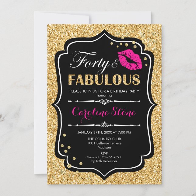40th Birthday - Forty Fabulous Gold Black Pink Invitation (Front)