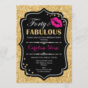 40th Birthday - Forty Fabulous Gold Black Pink Invitation