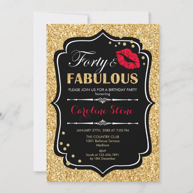 40th Birthday - Forty Fabulous Gold Black Red Invitation (Front)