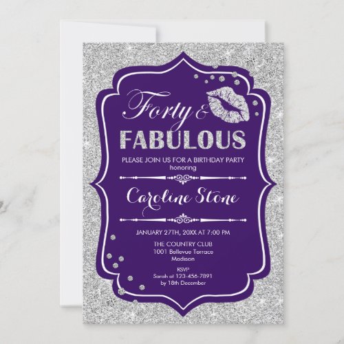 40th Birthday _ Forty Fabulous Purple Silver Invitation